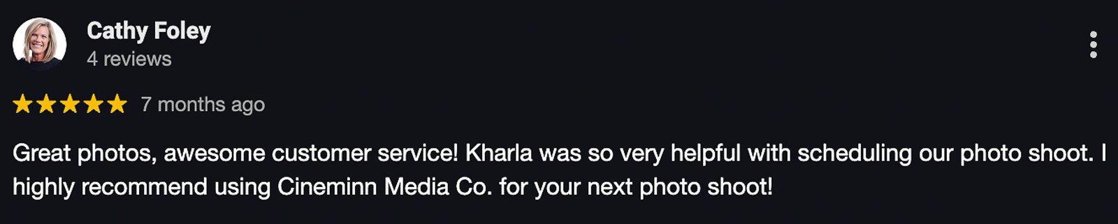 Five-star Google review of Cineminn media services