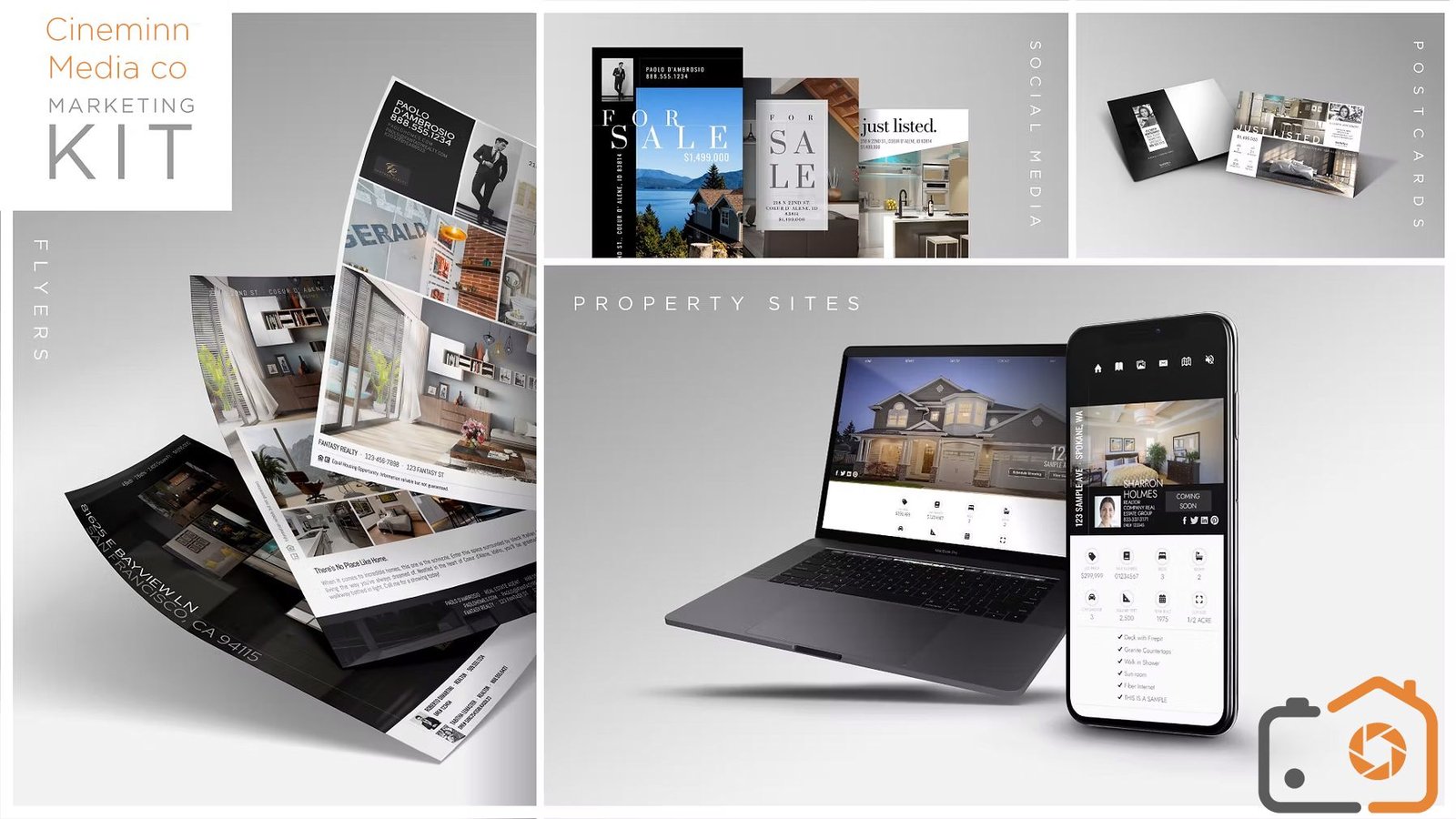 The Cineminn marketing kit — flyers, social tiles, postcards, property sites