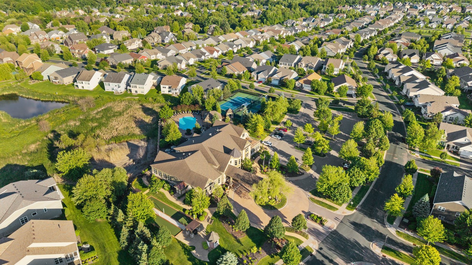 FAA-licensed drone aerial — estate on the golf course, Maple Plain